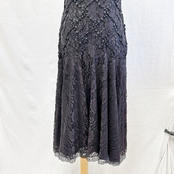 Vintage 80s Black Sequin & Illusion Lace Goth Party Dress Drop Waist size 6 - Picture 8 of 15